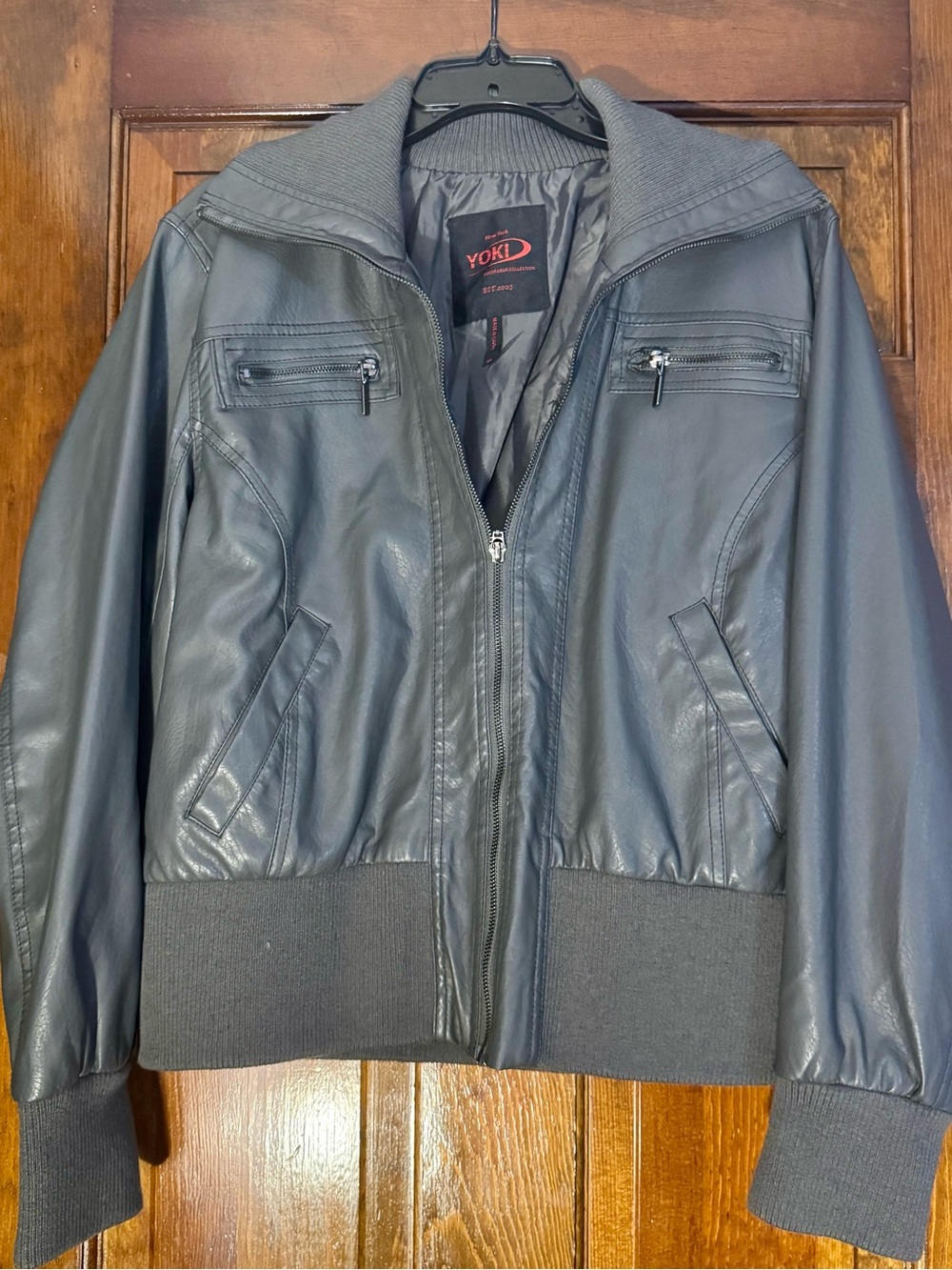 Yoki Black Faux Leather Bomber Jacket with Ribbed Trim